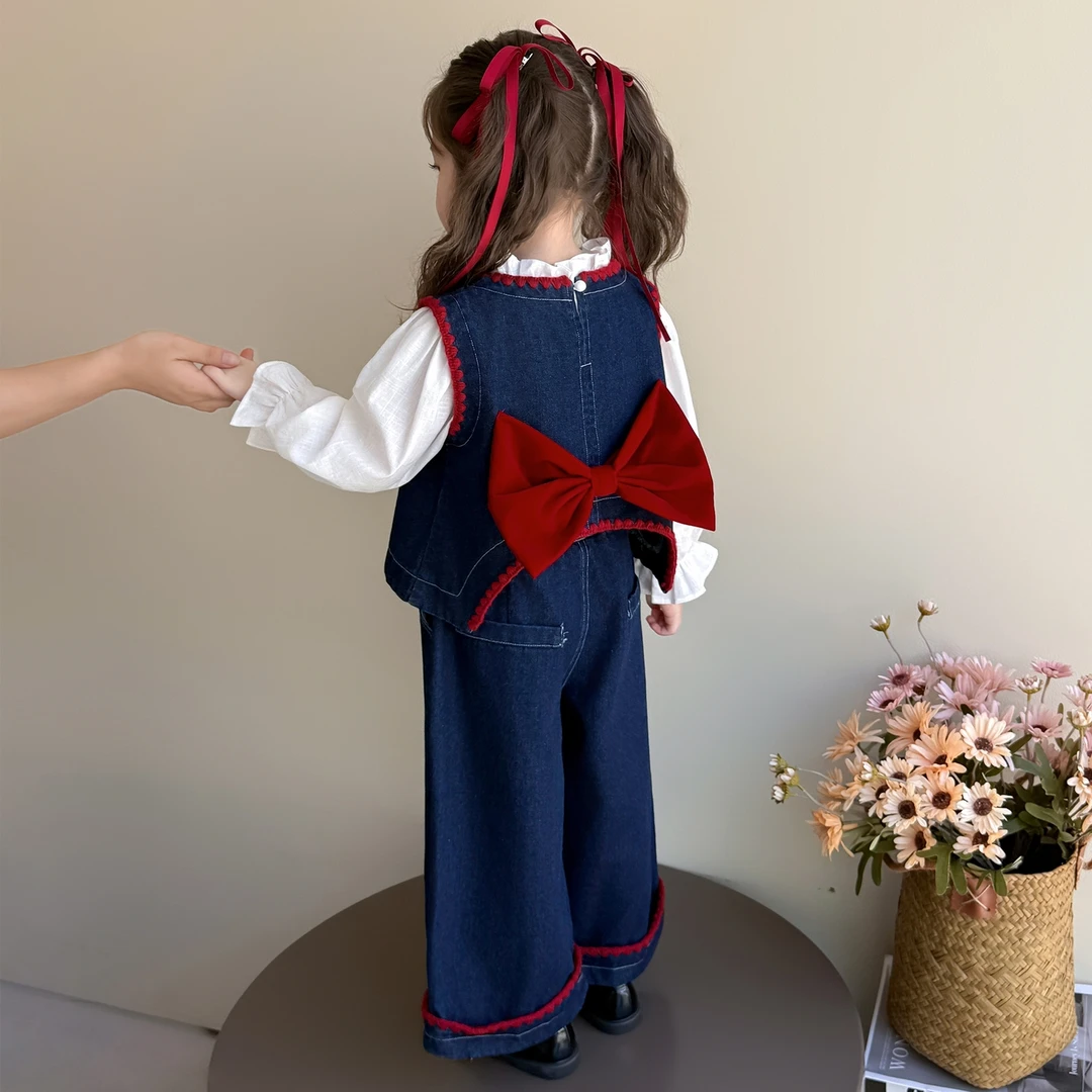 女童韩版春秋季阔腿裤牛仔套装女宝宝2025新款时髦三件套秋装森系