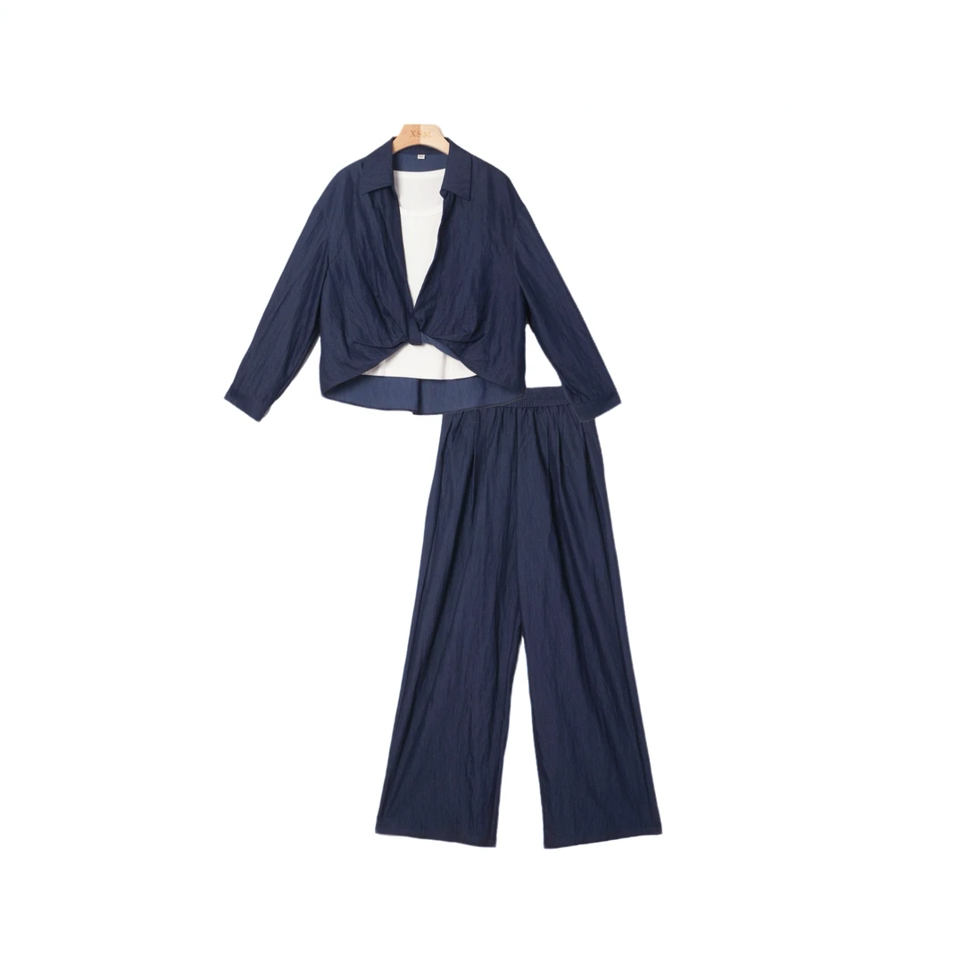 新款时尚气质宽松短袖衬衫背心阔腿裤三件套QYX-TA181/XSM