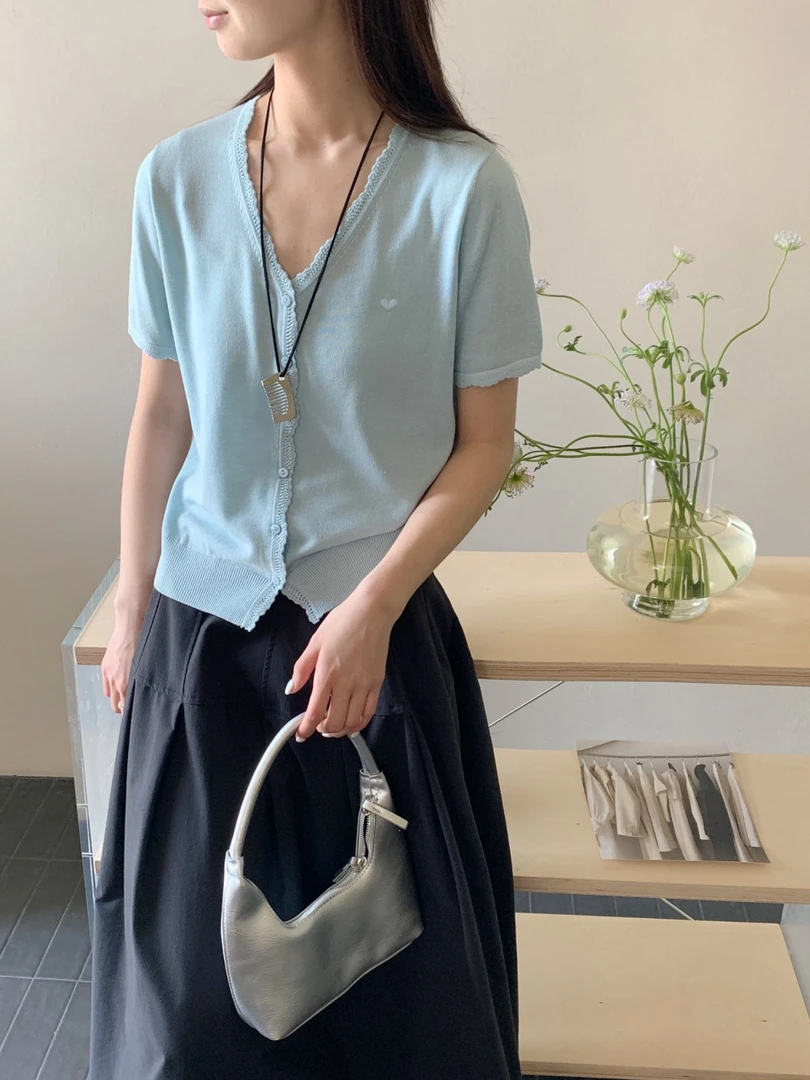 【素简.970106】春款上新天爽亚麻小爱心花边短袖女装混纺针织衫