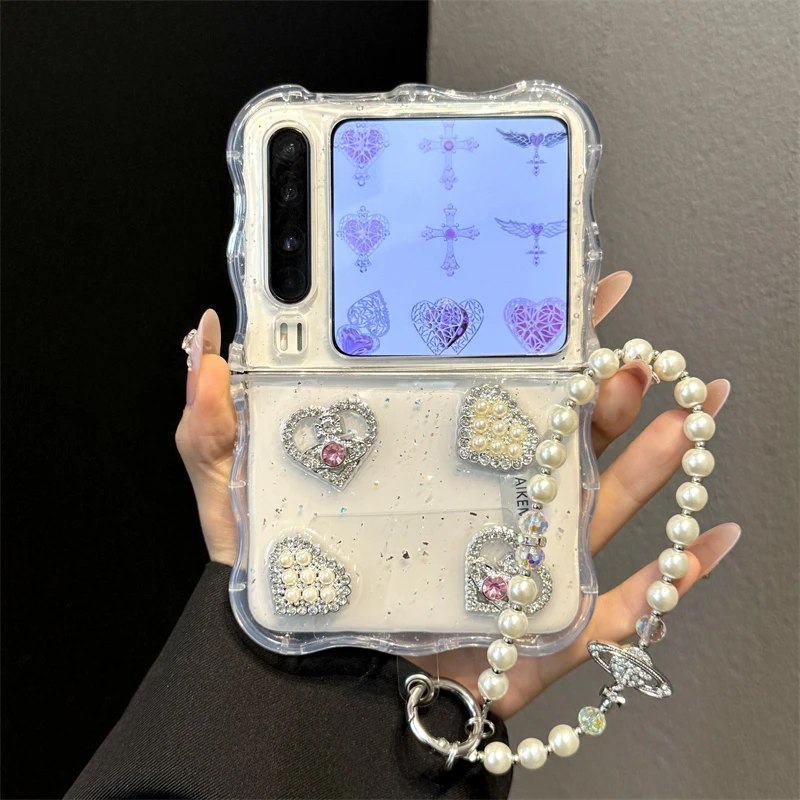 适用华为purax折叠屏手机壳透明水钻三星GalaxyZFlip6543珍珠爱心