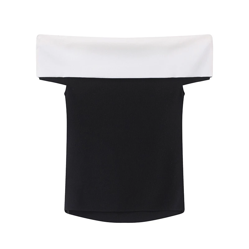 艾家2025夏新款气质黑白一字肩针织衫上衣女50428104