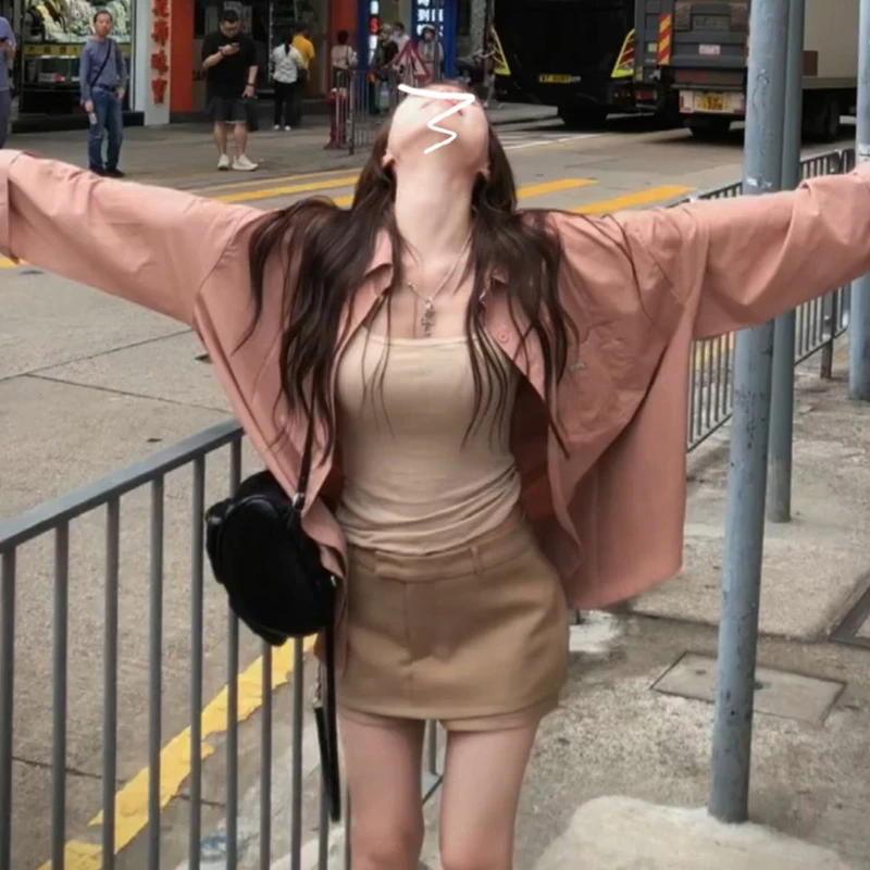 港味复古长袖衬衫外套女夏季新款韩系宽松休闲慵懒风防晒衬衣上衣