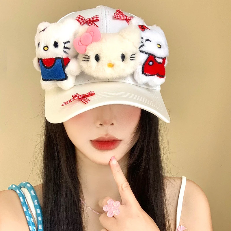 可爱Kitty猫蝴蝶结棒球帽女2025新款硬顶鸭舌帽显脸小大头围帽子