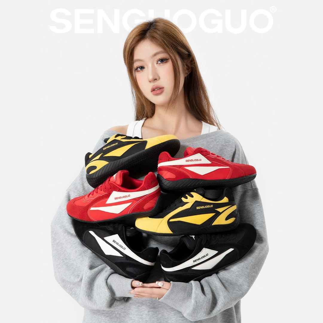 森果果2025新款 赛车鞋/薄底复古红色德训鞋女春秋百搭内增高4CM