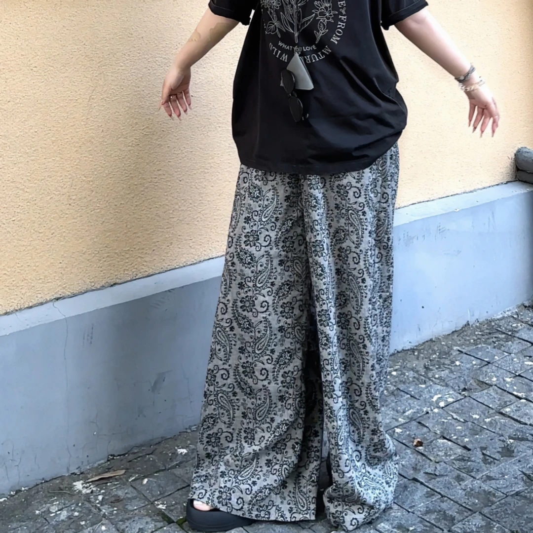 【FANFAN】复古腰果花-大码夏季亚麻百搭松紧腰提花直筒长裤S01536