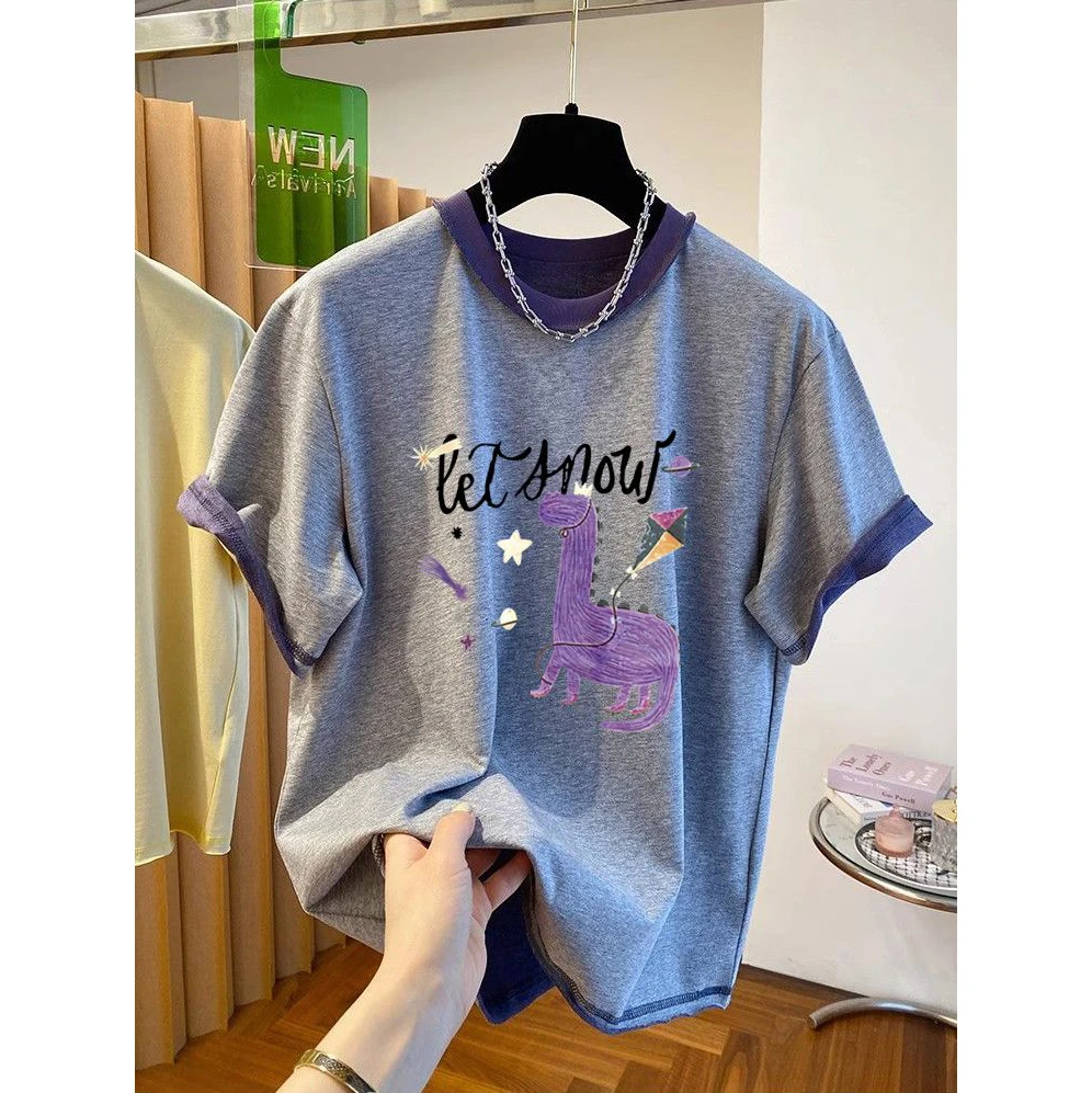 胖mm大码240斤设计感小众反穿拼色短袖t恤女2025新款夏季宽松上衣