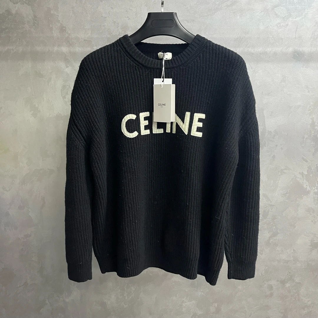 未使用 Celine/思琳 黑色经典刺绣圆领套头羊毛套头羊毛衫毛衣/s