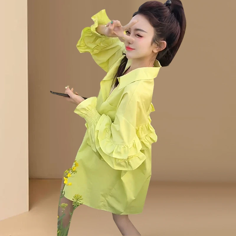 欧货2025春秋新款潮牌时尚气质女荷叶边长袖中长款显瘦衬衫上衣潮