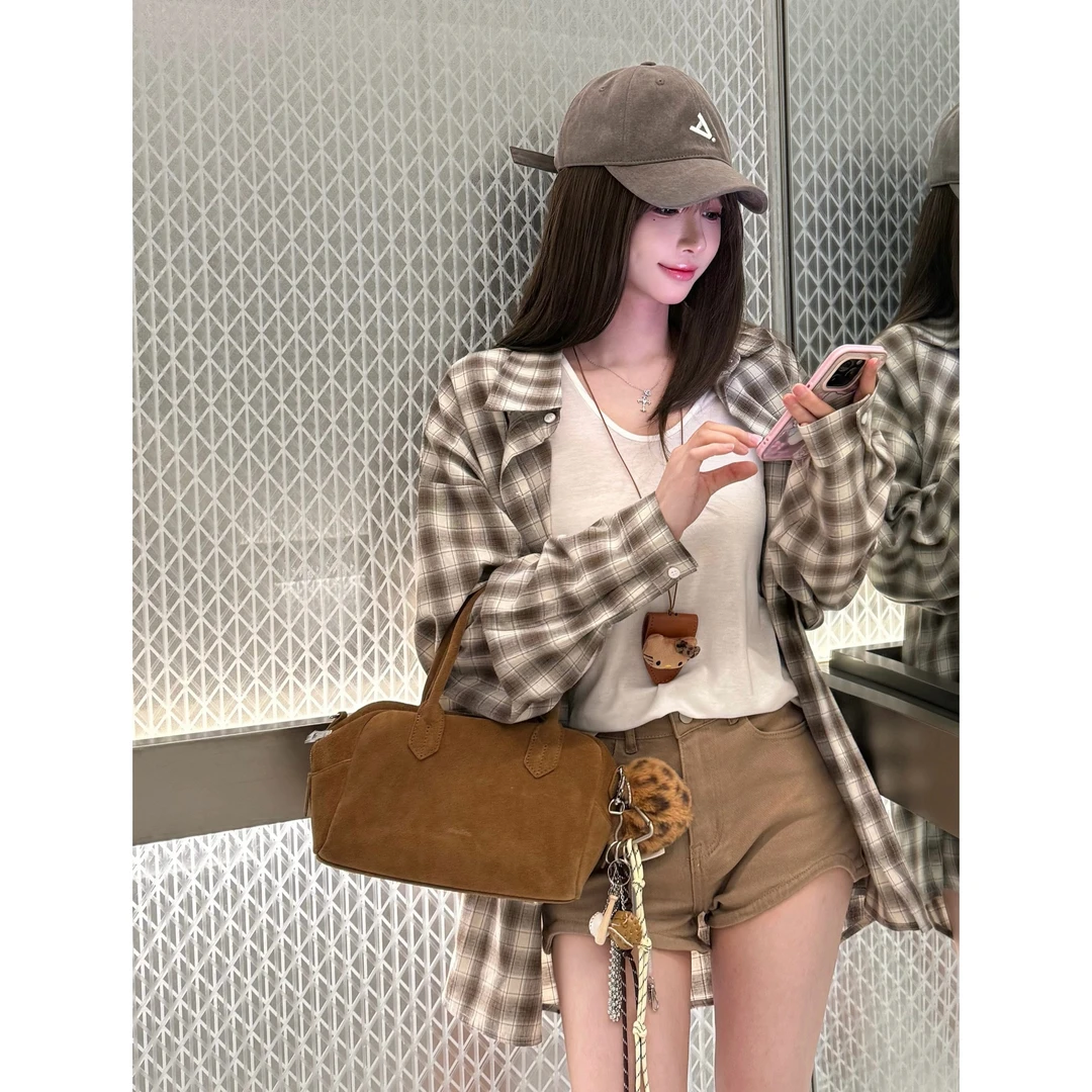 美式格纹长袖衬衫韩系设计感百搭上衣春夏小众女装慵懒风宽松外套