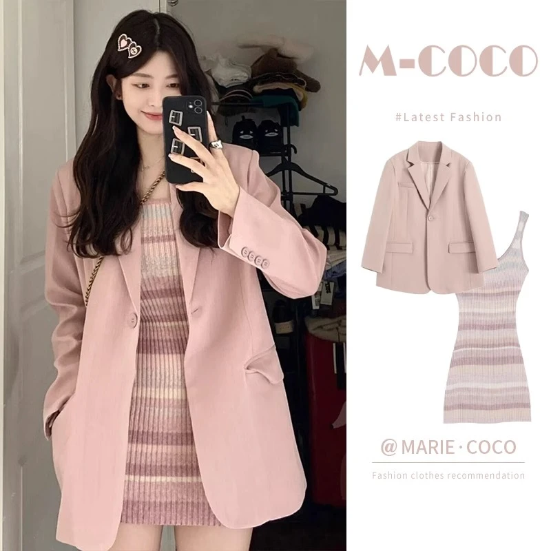 高级感盐系轻熟御姐西装外套吊带裙两件套装春装韩剧穿搭连衣裙子