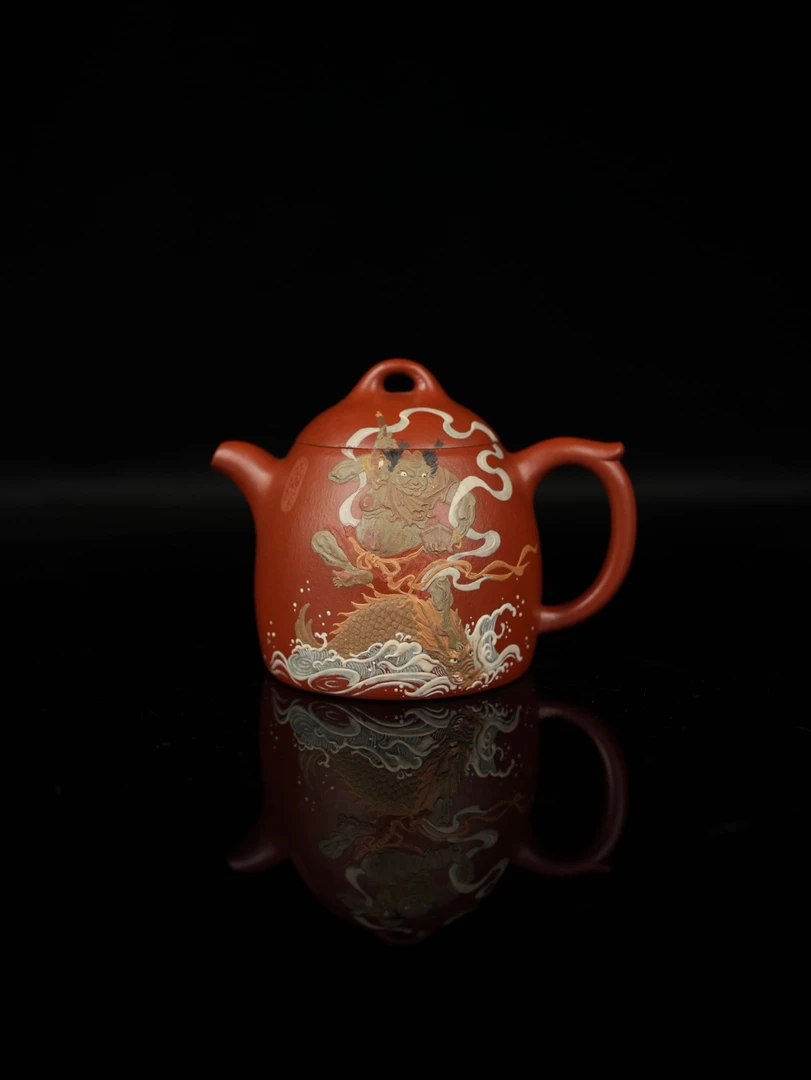【雅】青卷作品《独占鳌头》朱泥大红袍秦权壶陆璐绘全手工220cc
