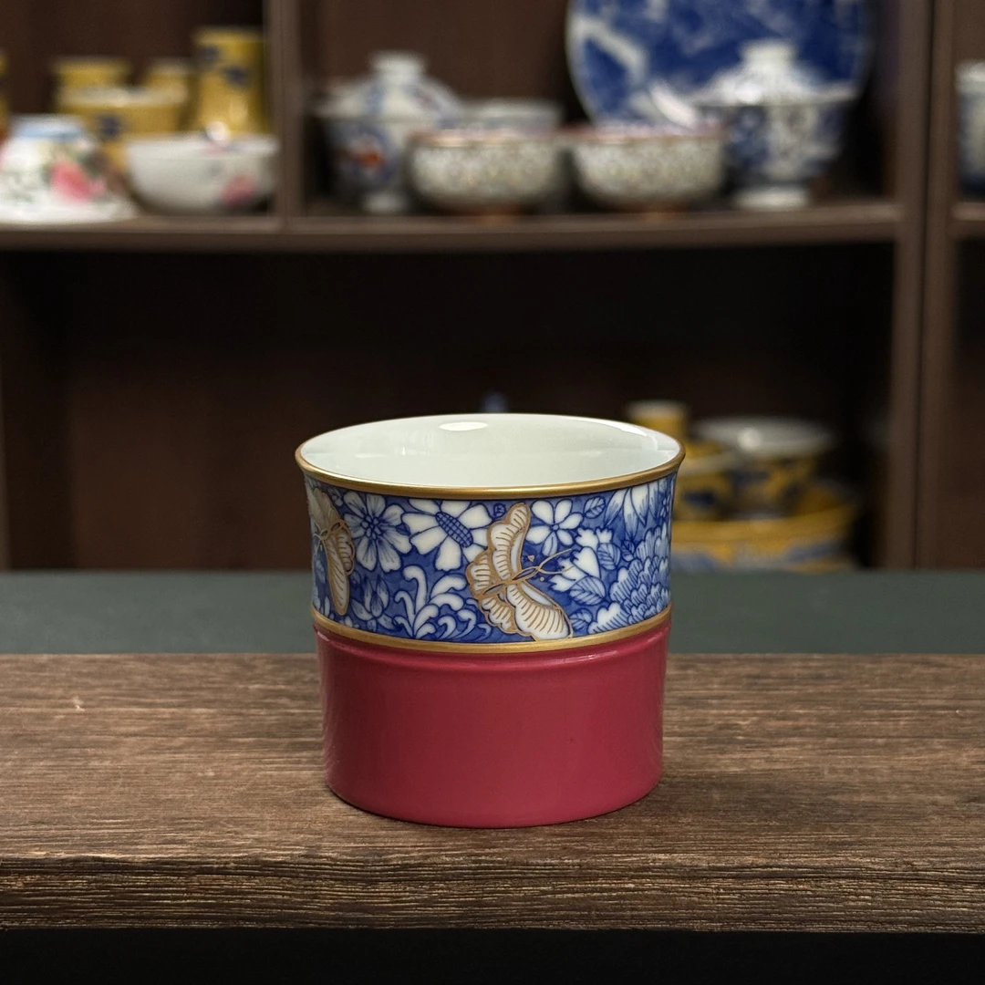 景德镇青言纯手工手绘胭脂红釉青花描金蝶恋花纹竹节杯主人杯茶杯