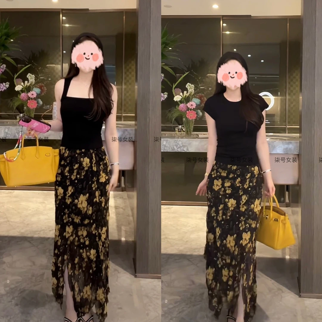 2025夏季新款时尚百搭修身显瘦吊带背心漏腰短袖搭高腰碎花半身裙