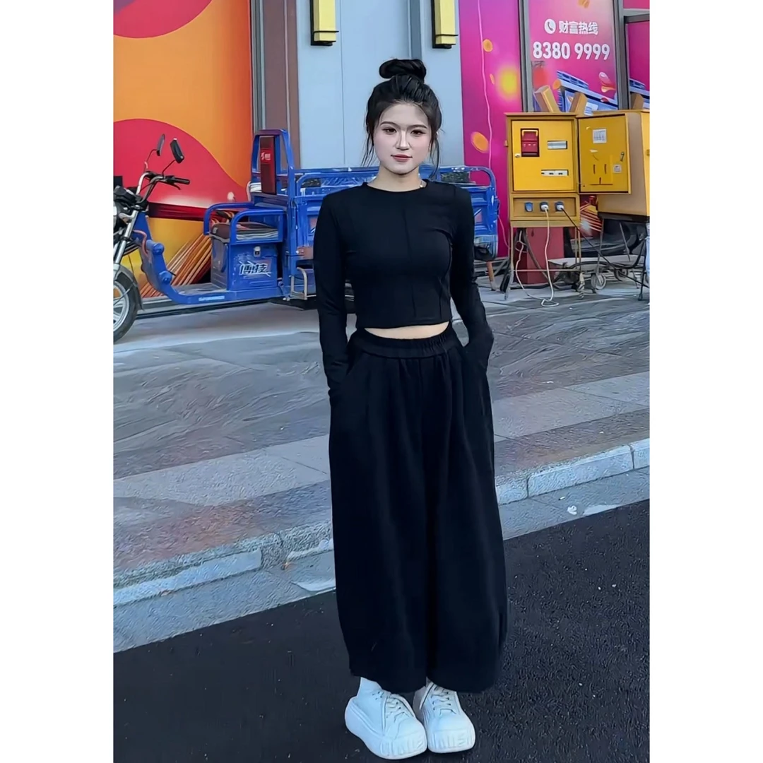 鱼骨显瘦线条垫肩打底衫502一独特巨好看哈伦卫裤917一