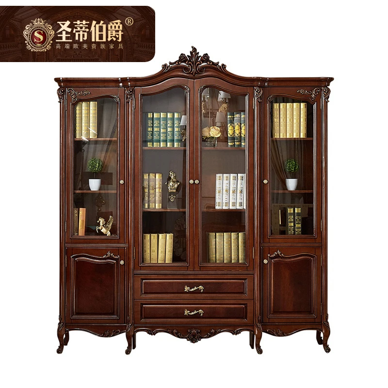 美式复古全实木带玻璃四书柜书房落地带抽屉置物架花书架客厅家用