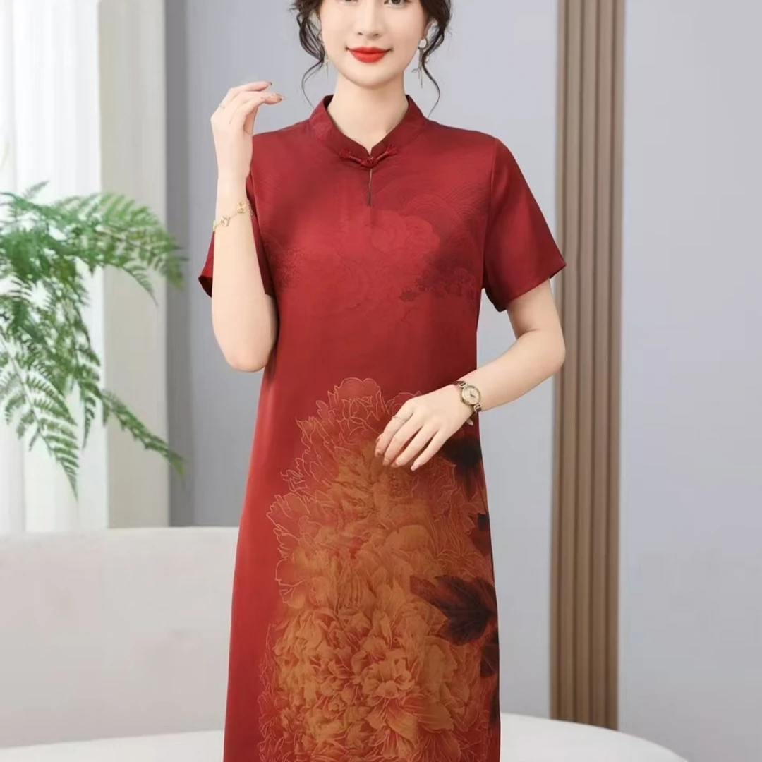 9983-气质夏季连衣裙新款时尚宽松中老年中式高贵裙子【富通物流】