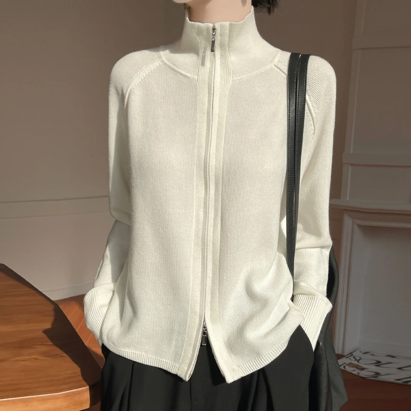 春秋精纺羊毛开衫女休闲立领双拉链外套宽松纯色时尚针织衫ZM162