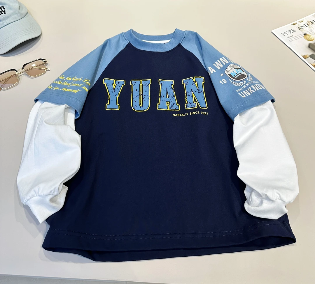 儿童衣服2025潮款痞帅童装秋装洋气中大童假两件T恤  25459