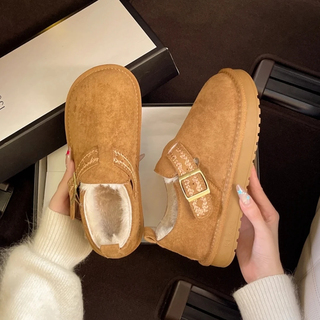 小敏家 复古搭扣平跟加绒勃肯鞋 民族风编织设计感洋气保暖雪地靴