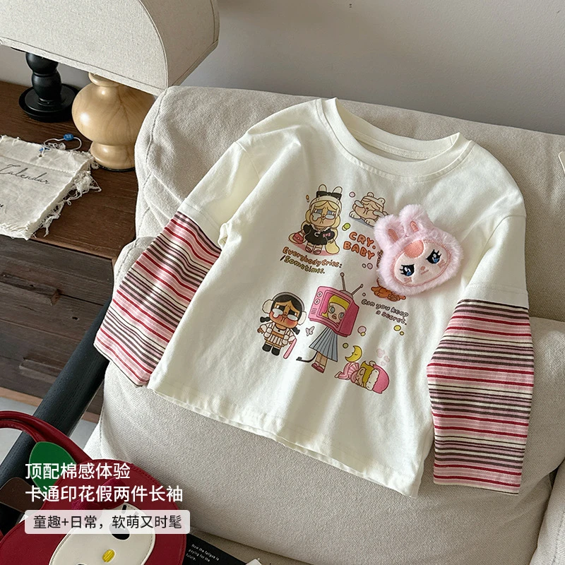 2025金毛秋装儿童~童装女童亲子T恤谢新款假两件卡通条纹女童秋装