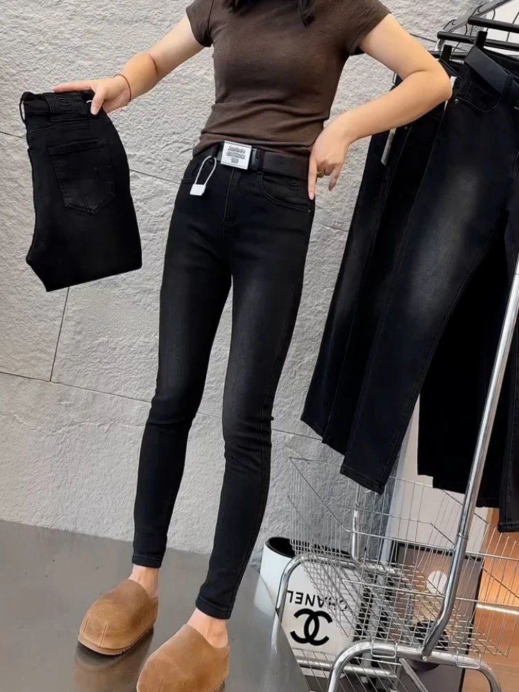 大码时尚秋季街头风高腰显瘦薄款铅笔九分紧身牛仔裤春秋百搭高弹
