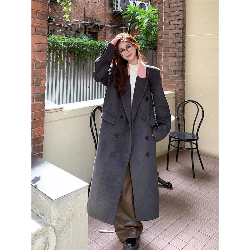 秋冬新款复古撞色翻领中长款休闲显瘦夹棉毛呢外套女 16575