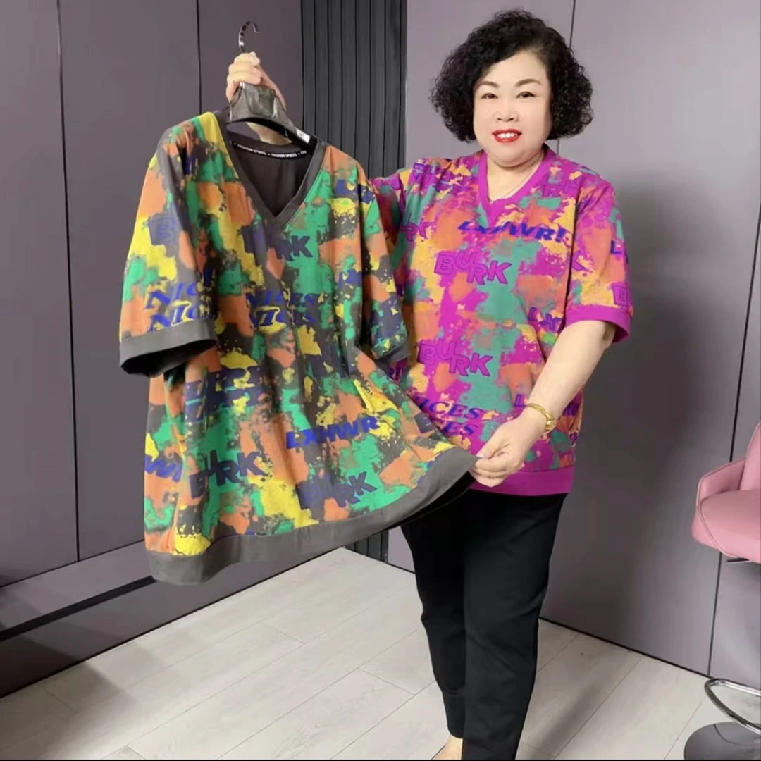 01691//大码V领遮肉显瘦半袖上衣