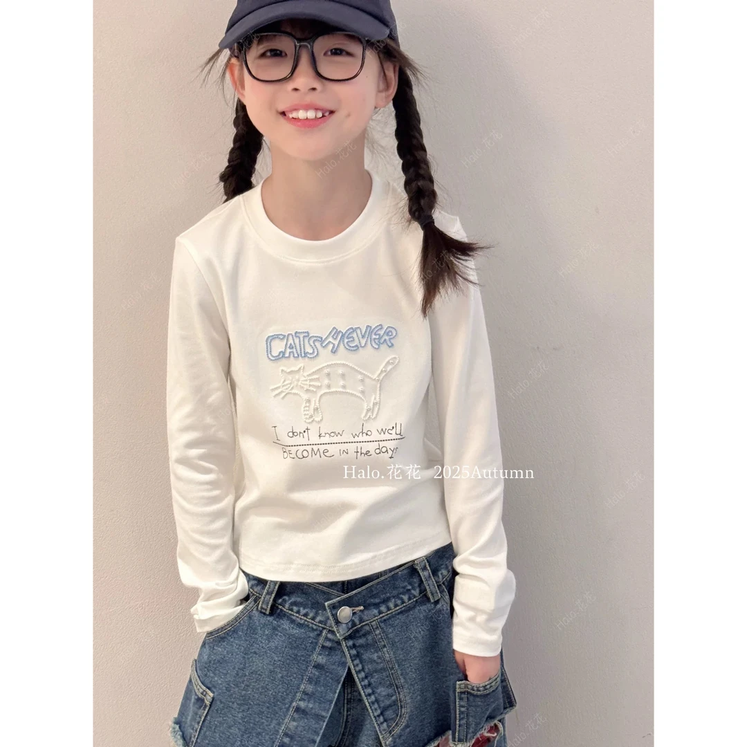Halo.HH25秋冬新款女童韩版百搭卡通亲子猫咪刺绣修身打底衫内搭