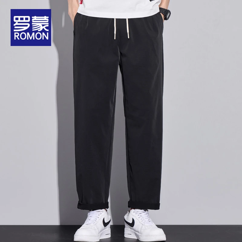 罗蒙男士九分休闲裤男款弹力男裤夏季薄款松紧腰头宽松直筒裤子男
