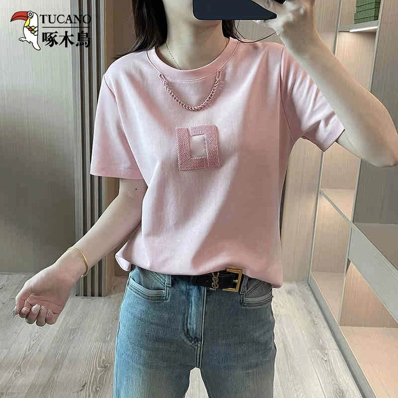 啄木鸟女装夏季圆领刺绣短袖宽松显瘦上衣女时尚洋气百搭体恤减龄