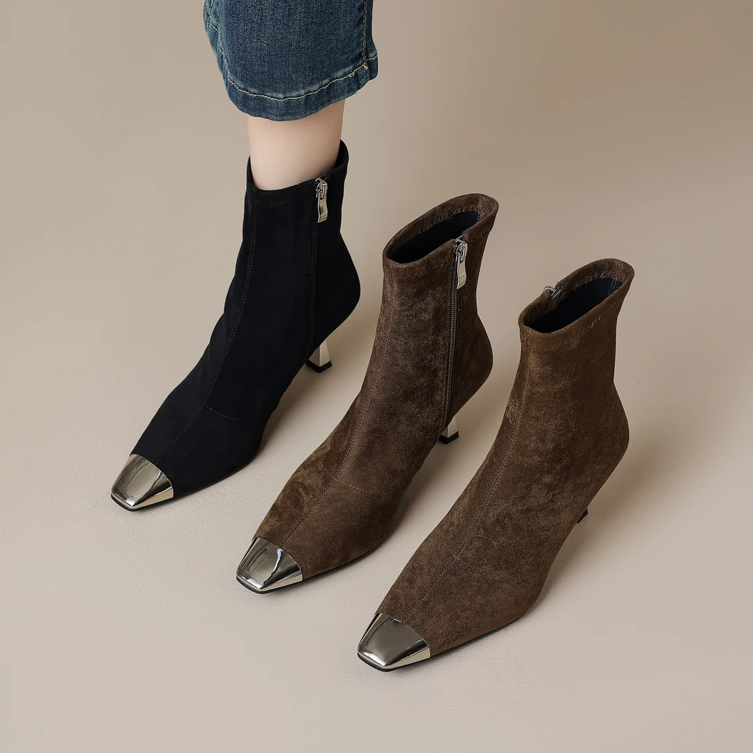 【跟高5cm】瘦瘦靴短靴女高跟细跟方头弹力靴秋冬新款显瘦女靴