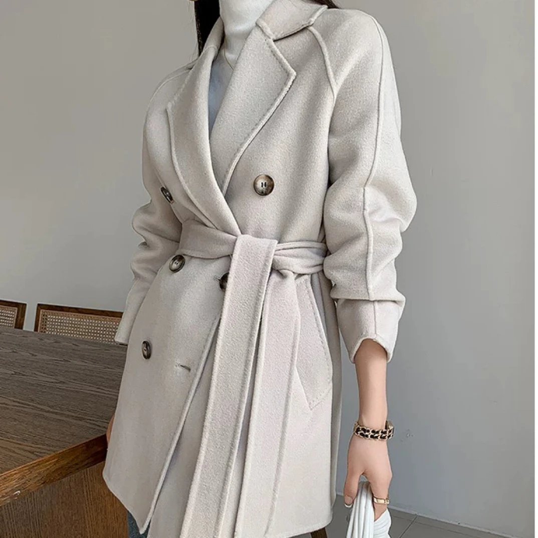 新款双面羊绒大衣女短款宽松毛呢外套100%纯羊毛赫本风