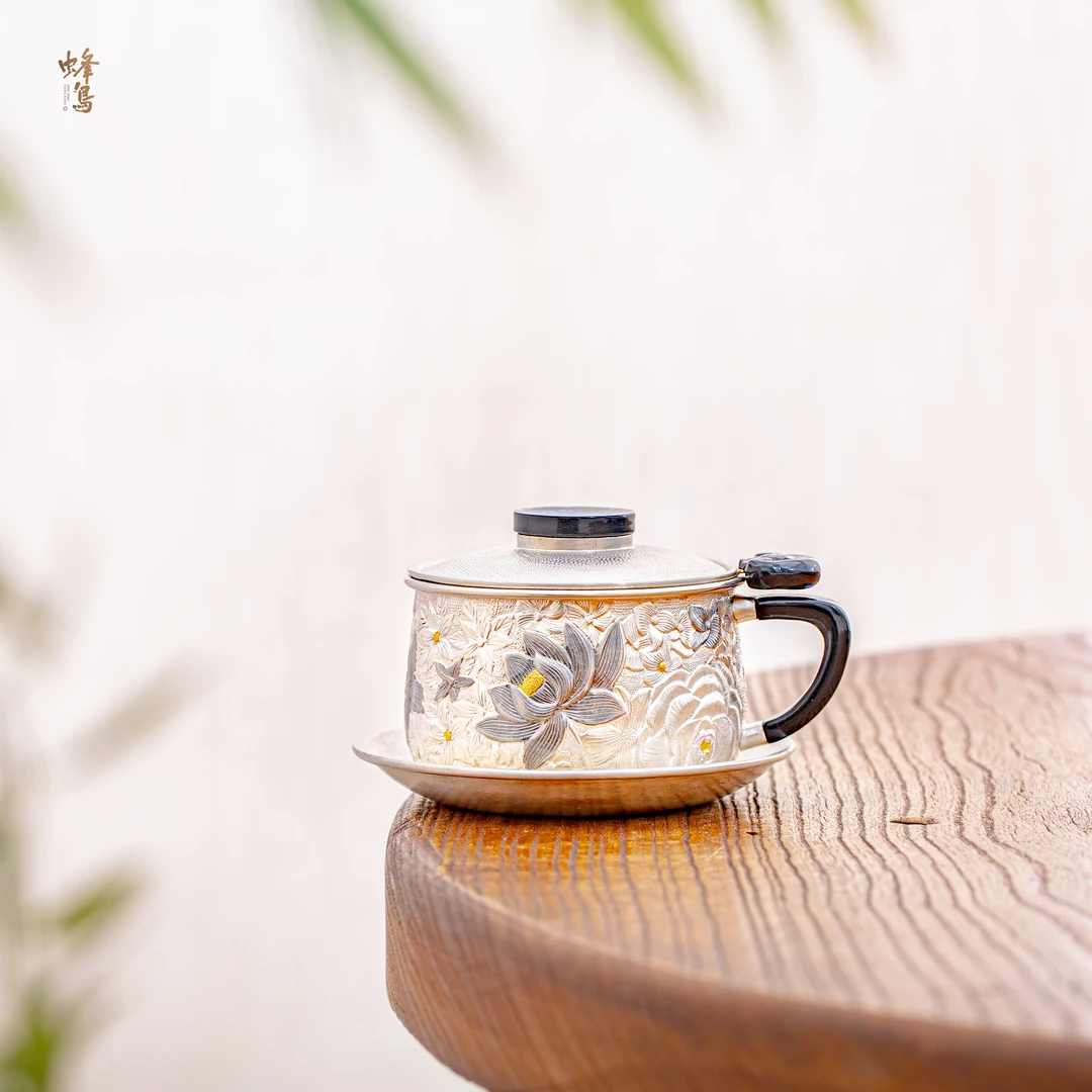 蜂鸟工坊 出口 漆钮漆把錾刻万花嵌金咖啡杯套组 FNNA1886