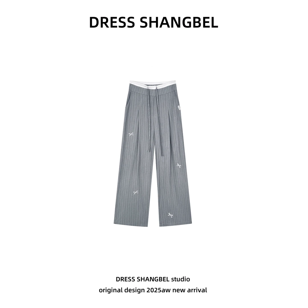 DRESS-秋季新款C66时尚百搭蝴蝶结刺绣条纹休闲裤6023H