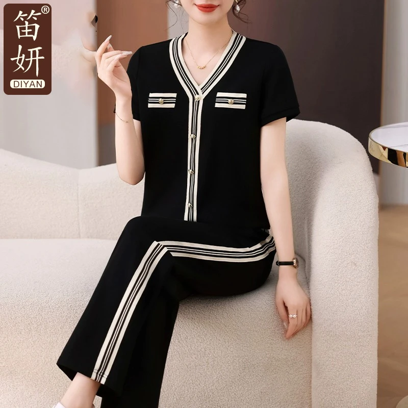 妈妈夏装运动服套装气质小香风短袖上衣中老年女装夏季冰丝t恤衫