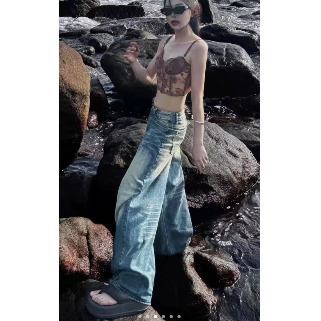 美式复古辣妹潮流牛仔裤女2025春夏新款折痕设计感阔腿加长拖地裤