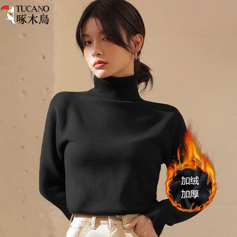 啄木鸟高领毛衣女款秋冬新款一体加绒加厚套头保暖白色加绒毛衣