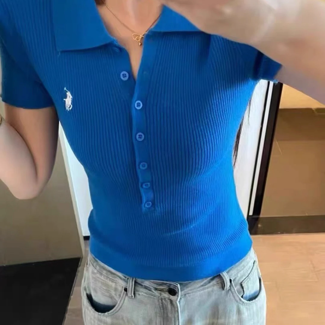 （海狮）韩系复古刺绣小马标短袖针织POLO衫夏季女装港味翻短袖t恤