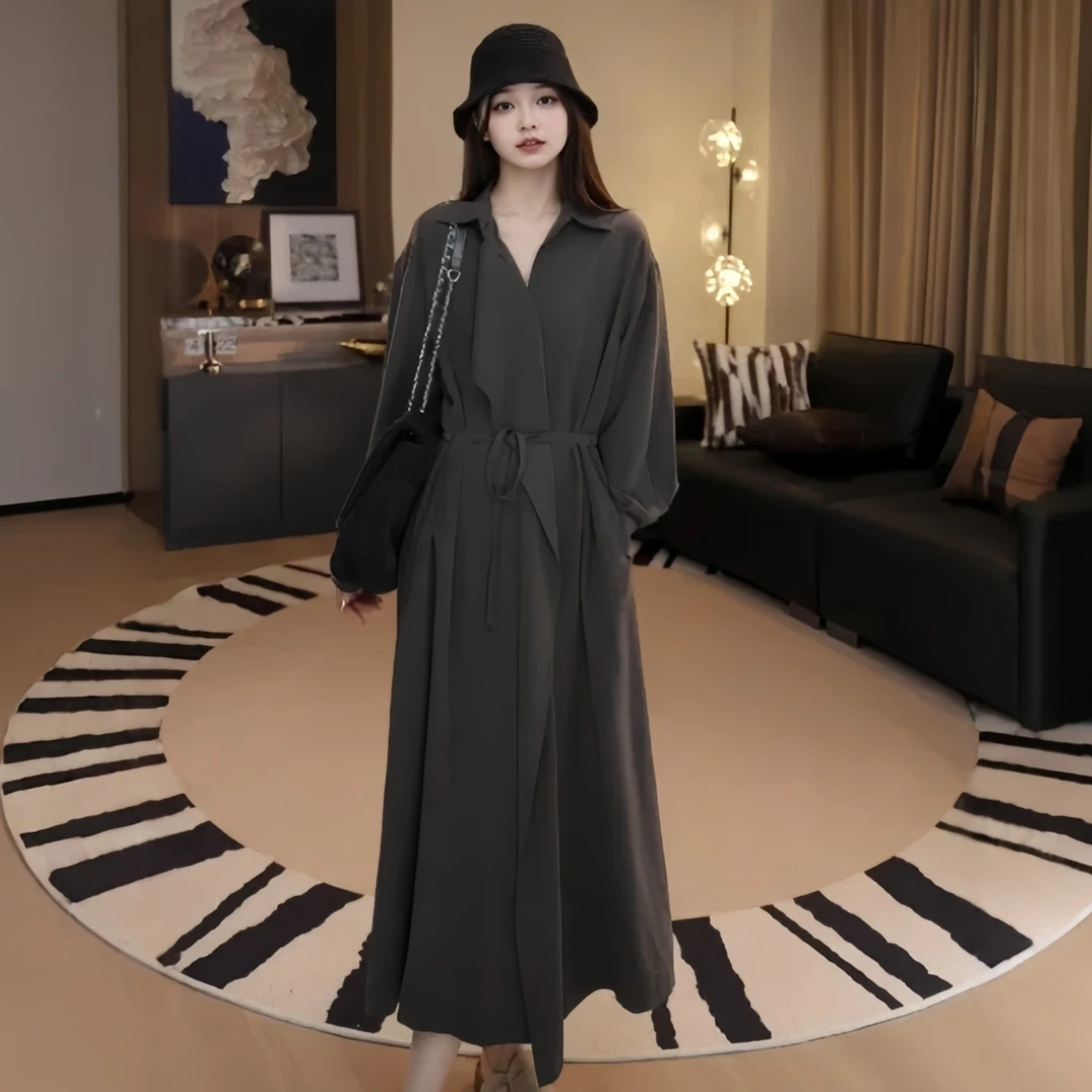 气质翻领复古连衣裙女2025秋季大码胖MM新款显瘦长袖收腰款长裙子