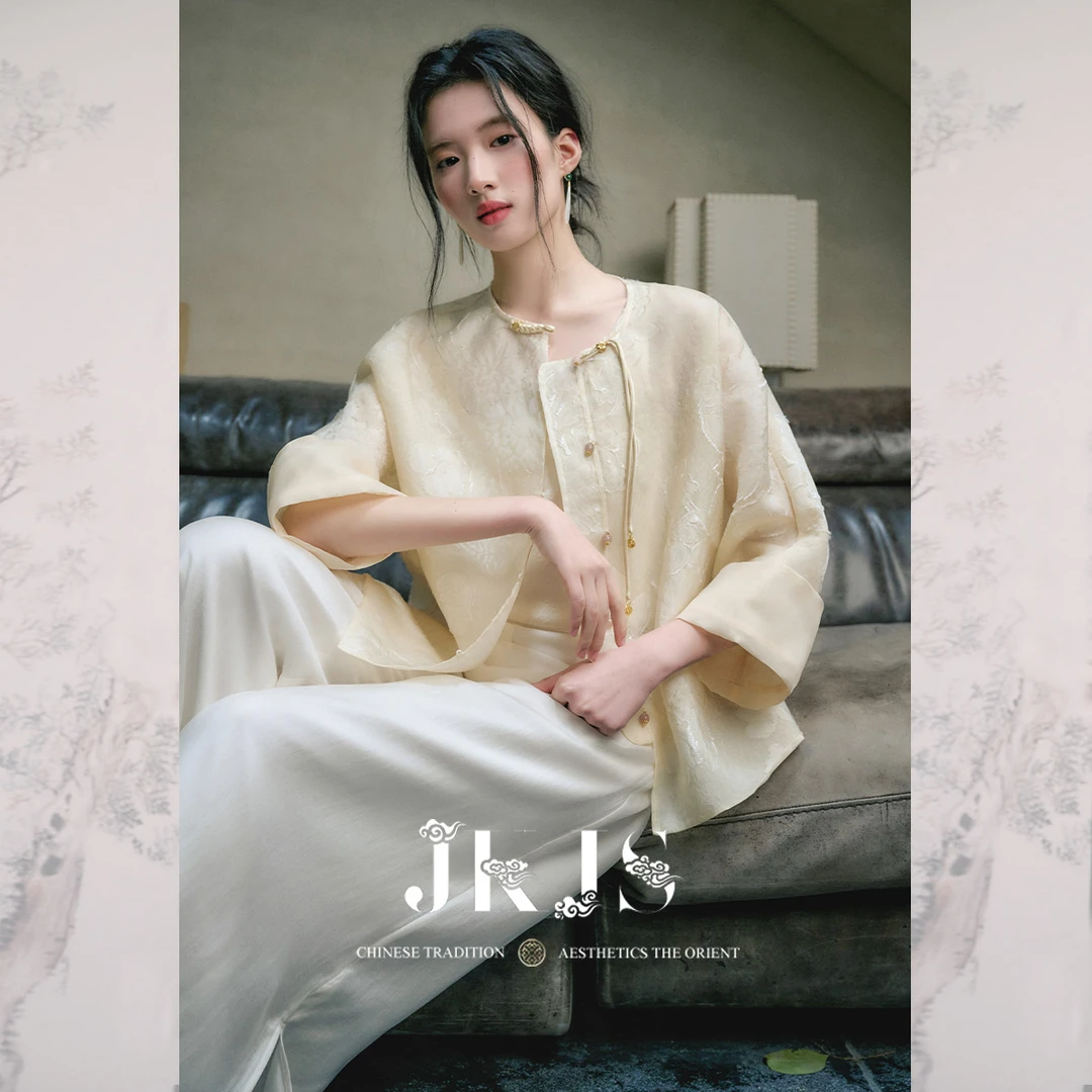 【JKJS】醋酸交织提花 新中式外套薄款盘扣上衣+休闲裤【分开拍】