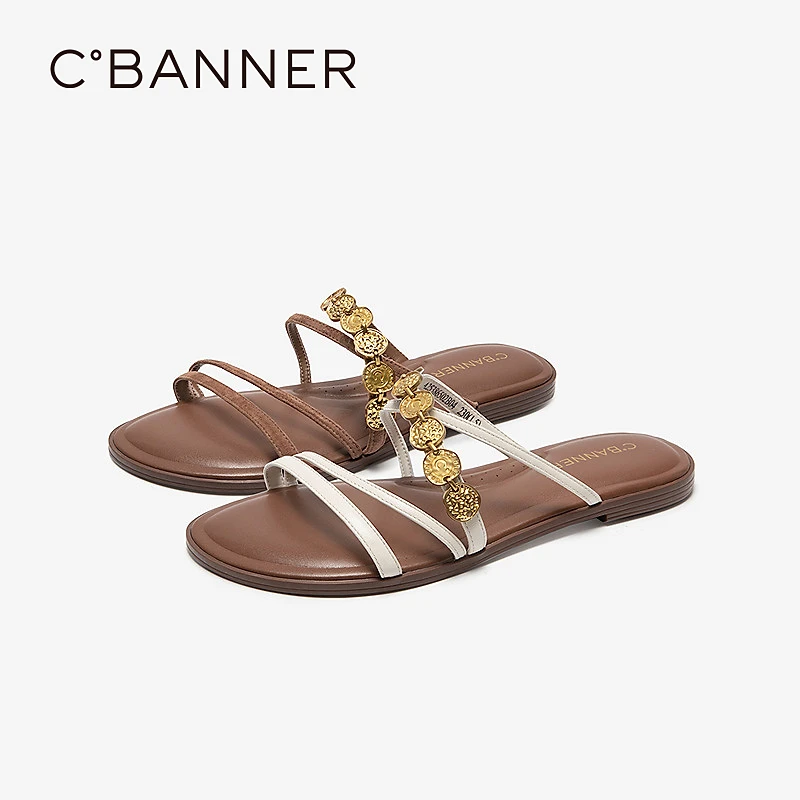 千百度 25年夏舒适平底凉拖鞋外穿度假文艺风女拖鞋A25386502