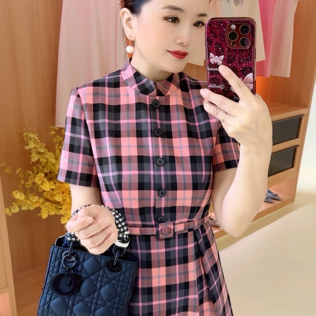 唯伊公馆夏季新款轻复古小众格纹时尚减龄女休闲短袖连衣裙98581