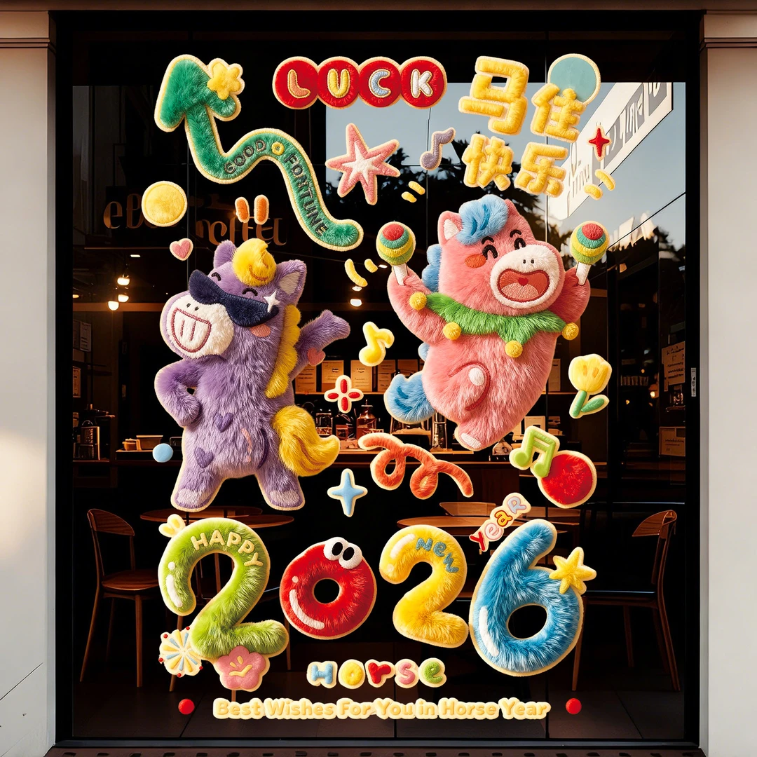 新款马年卡通窗花家用静电贴春节过年创意剪纸玻璃贴纸新年装饰品