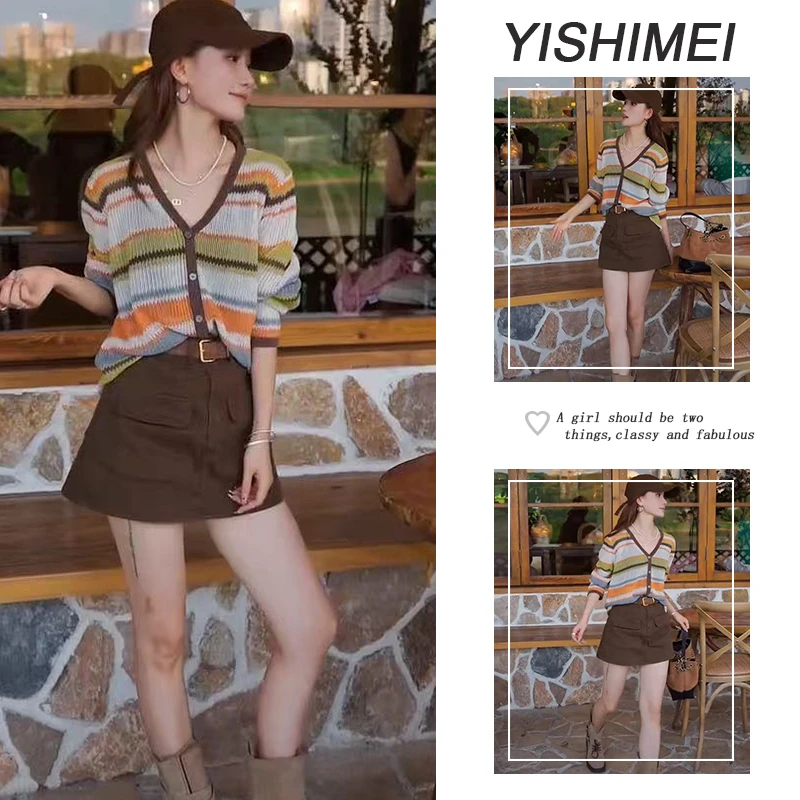 新款爆款复古时尚女装条纹气质上衣百搭显瘦短裙两件套