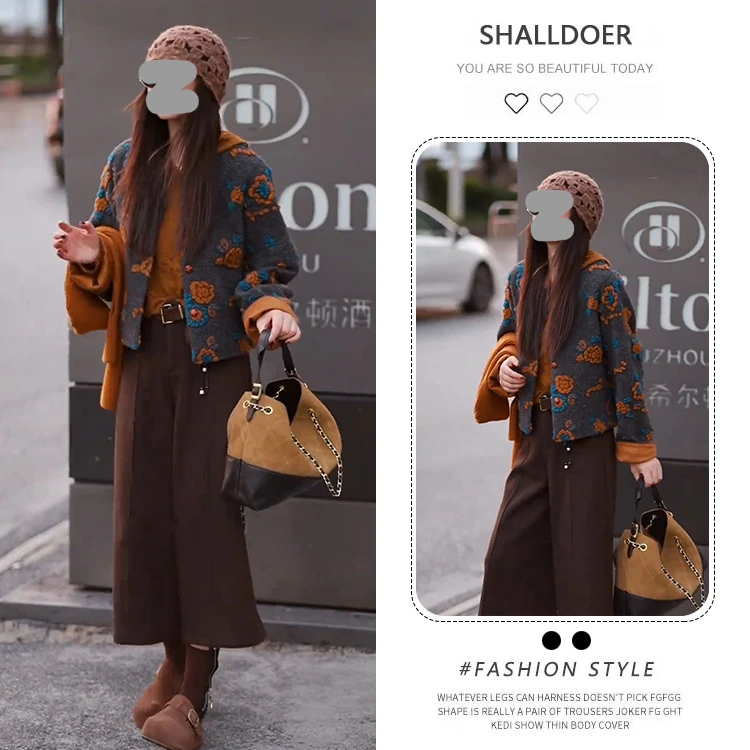 秋冬新款拼接蕾丝衫单排扣立体花朵小香风短外套高腰休闲裤三件套