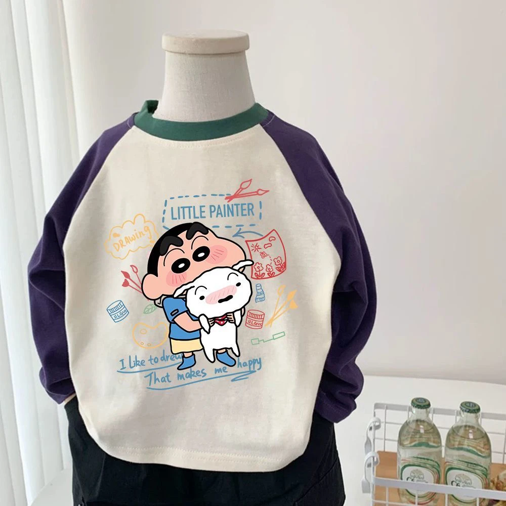 2025春秋季蜡笔小新纯棉长袖T恤男童女童休闲百搭宝宝圆领亲子装