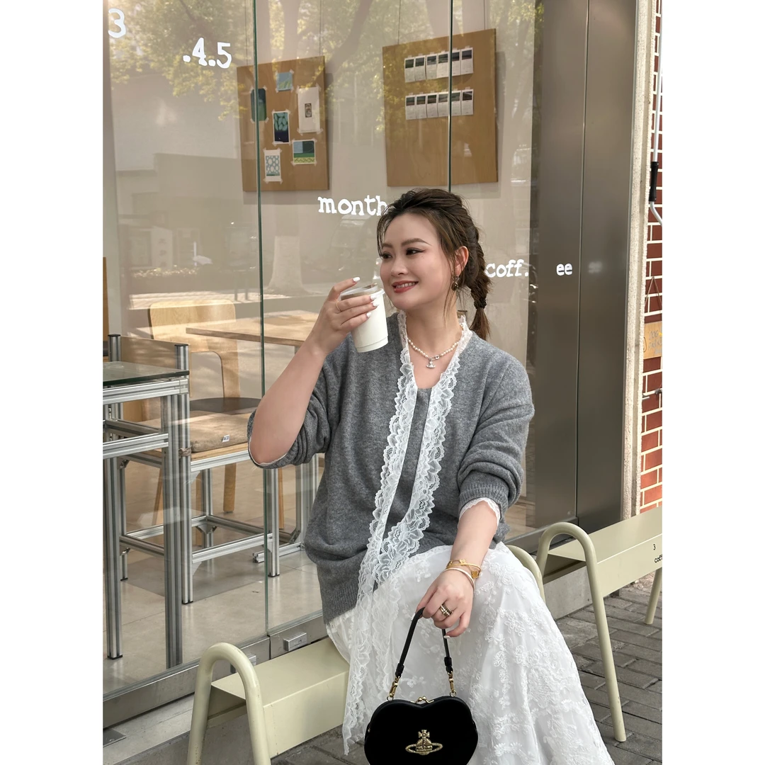 QC杨杨【蕾丝诺语】微胖大码女春气质百搭显瘦系带毛衣 ZY412A89