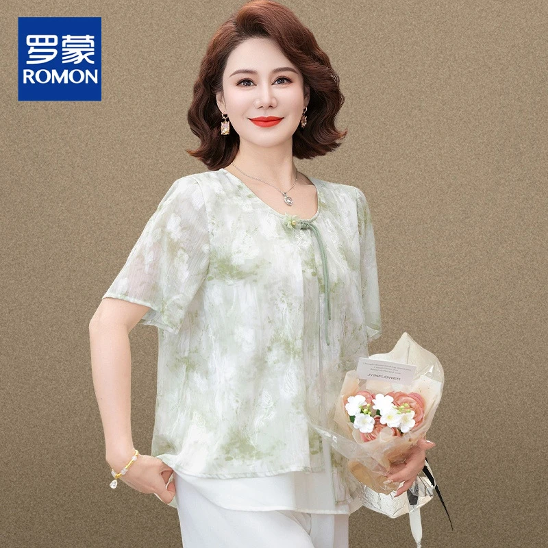 新中式妈妈夏装套装雪纺小衫新款中老年女夏季洋气国风短袖上衣服