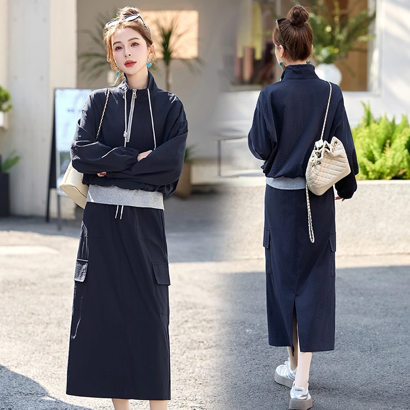 韩系休闲套装裙女春2025年春秋季新款假两件卫衣工装半身裙两件套