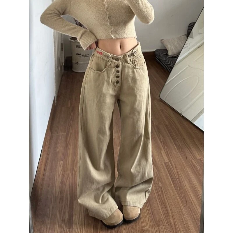 美式复古可调节排扣直筒牛仔裤女秋冬款高街设计感宽松显瘦阔腿裤